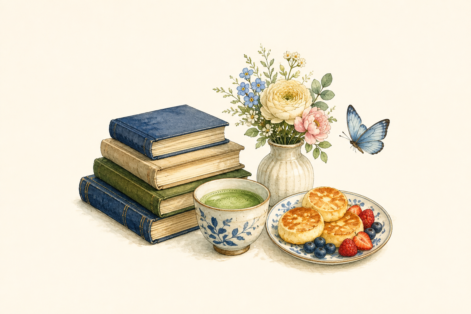Storybook illustration of books, matcha, syrniki with berries, flowers, and a blue butterfly