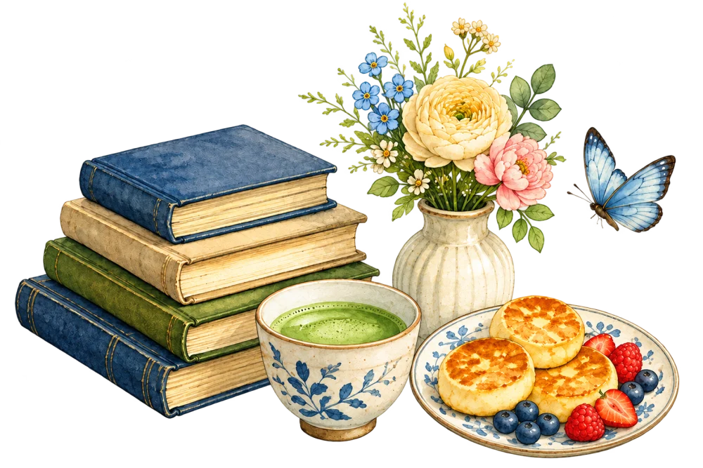 An illustrated still life of books, matcha, syrniki, flowers, and a blue butterfly